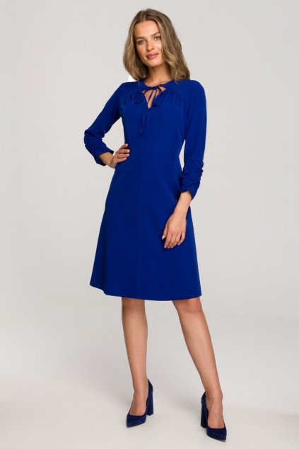 Elegantní šaty s vázačkou Style S325 modré