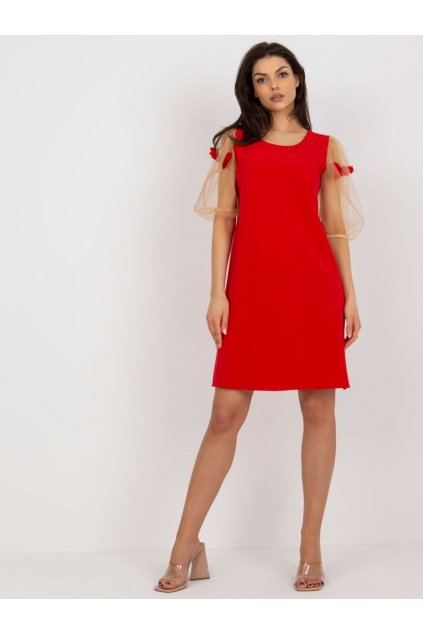 Koktejlové šaty s průsvitnými rukávy Lakerta červené