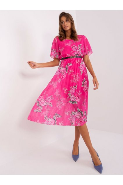 Plisované šaty s květy tmavě růžové