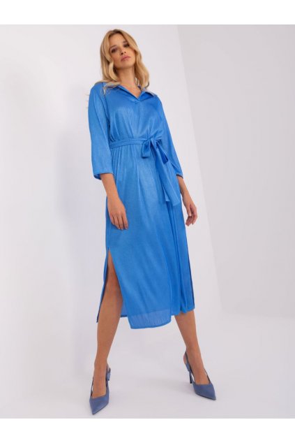 Elegantní lesklé šaty s límečkem Lakerta modré