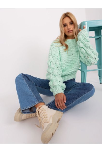 Hrubě pletený svetr se širokými rukávy Wool Fashion Italia tyrkysový