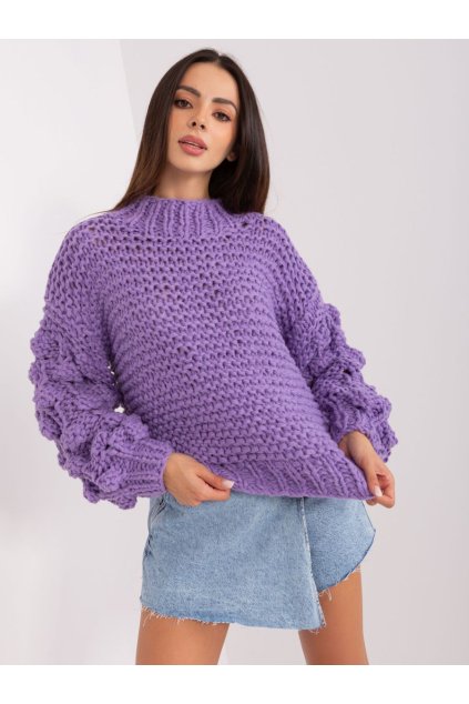 Hrubě pletený svetr se širokými rukávy Wool Fashion Italia fialový
