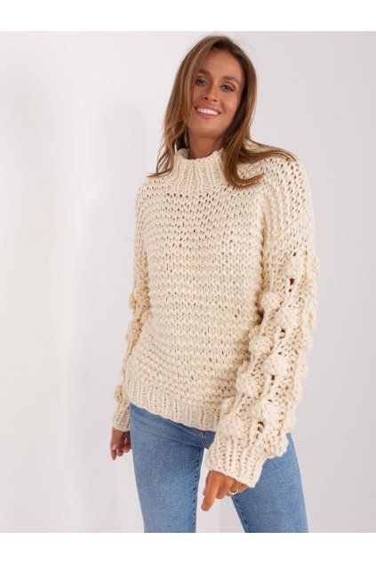 Hrubě pletený svetr se širokými rukávy Wool Fashion Italia světle béžový