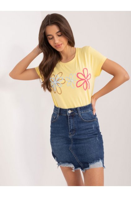 Tričko s květy a perličkami Basic Feel Good žluté