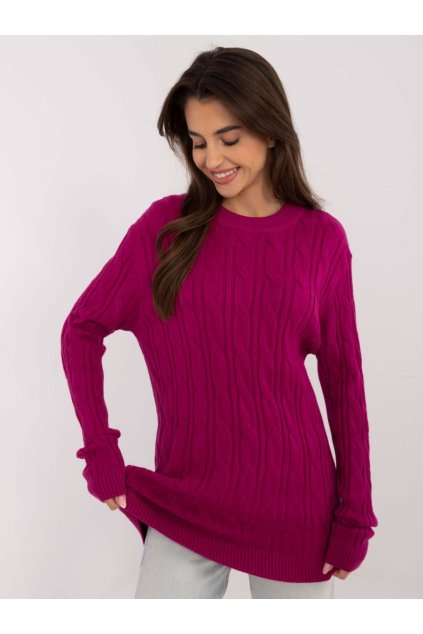 Delší svetr s copánky Wool Fashion Italia tmavě fialový