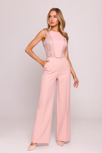 Elegantní společenský overal s krajkou MOE M866 růžový