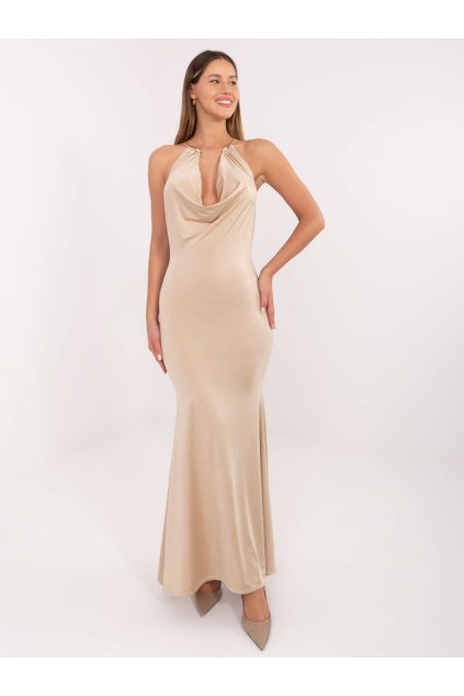 Dlouhé šaty s efektním výstřihem Italy Fashion béžové