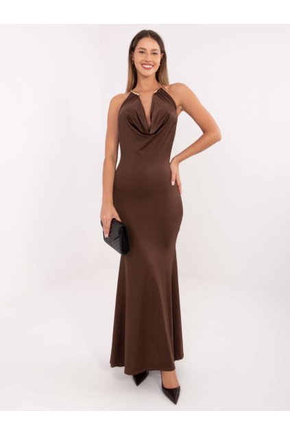 Dlouhé šaty s efektním výstřihem Italy Fashion hnědé