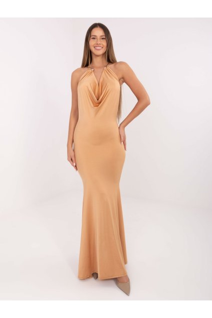 Dlouhé šaty s efektním výstřihem Italy Fashion světle hnědé
