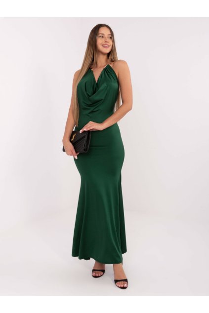 Dlouhé šaty s efektním výstřihem Italy Fashion tmavě zelené