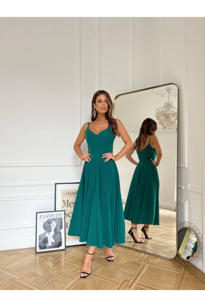 Elegantní společenské šaty na ramínka Bicotone tmavě zelené