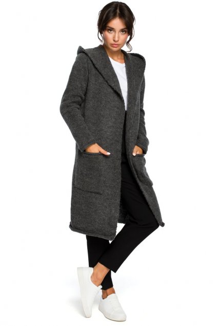 Teplý pletený kabátek s kapsami Be BK016 tmavě šedý