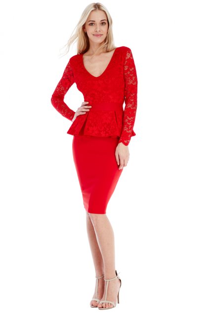 Elegantní červené peplum šaty s krajkovým topem