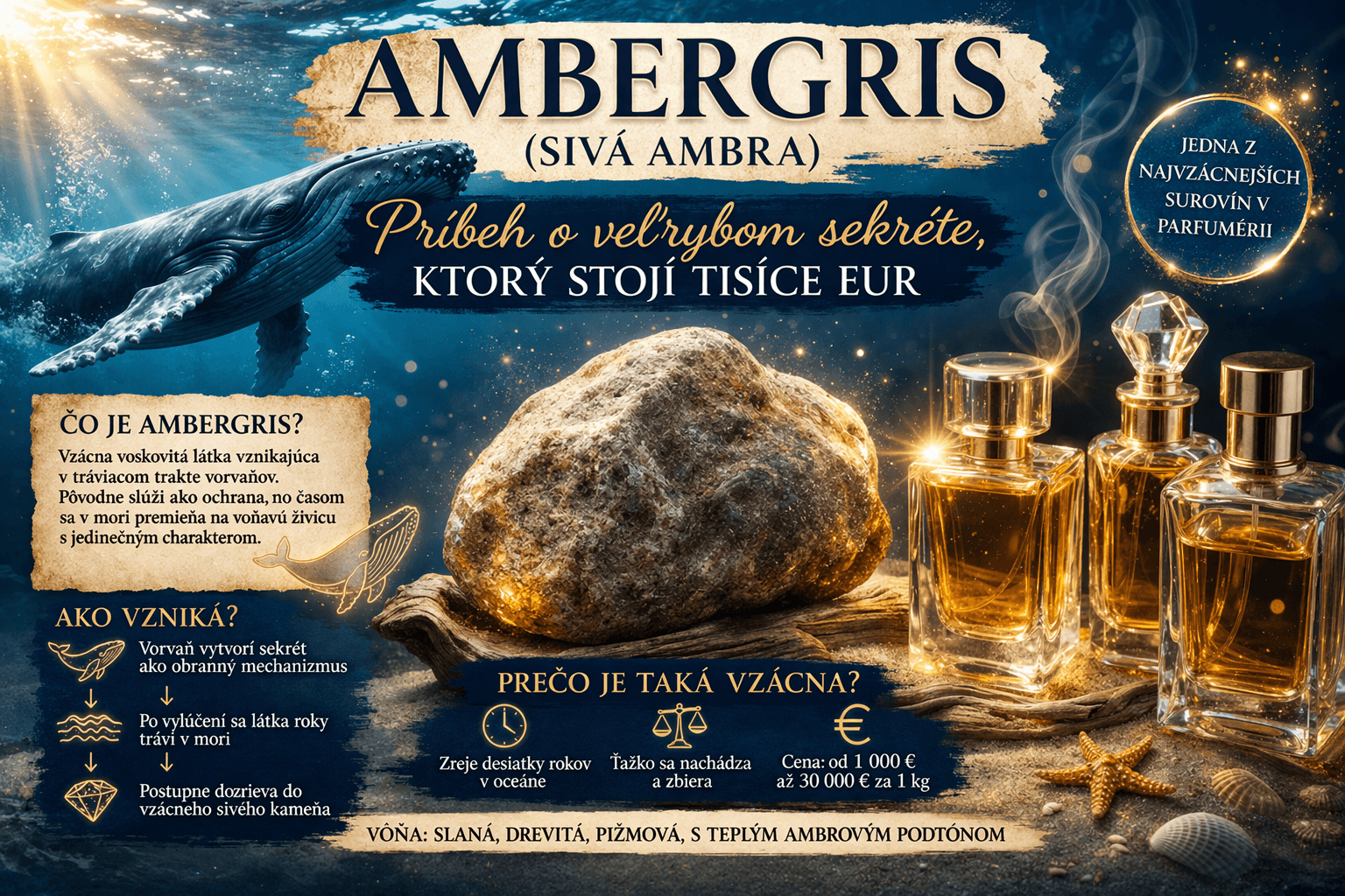 Ambergris (sivá ambra). Príbeh o veľrybom sekréte, ktorý stojí tisíce eur