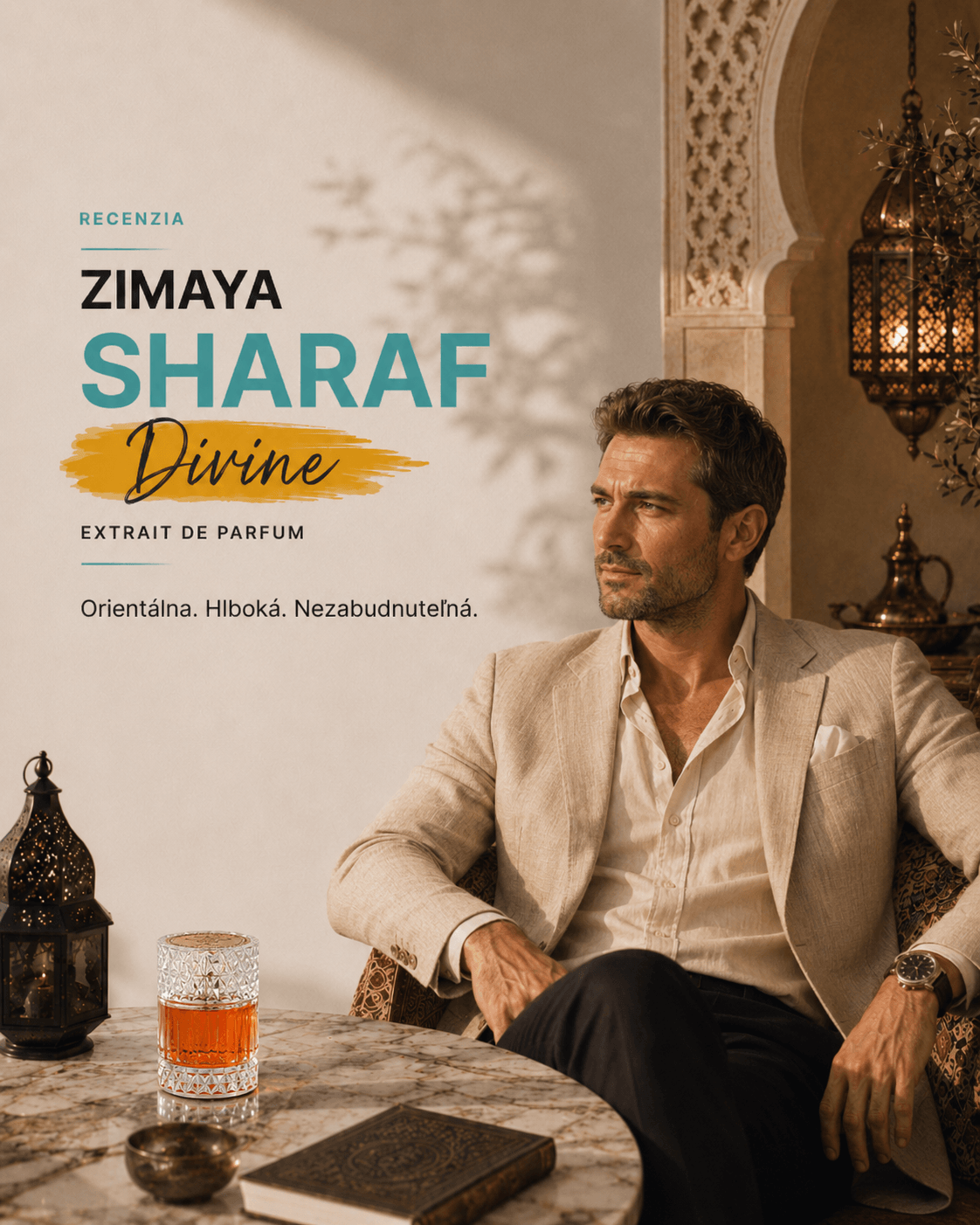 Recenzia Zimaya Sharaf Divine Extrait de Parfum: gurmánska orientálna vôňa s ovocno-koňakovou hĺbkou