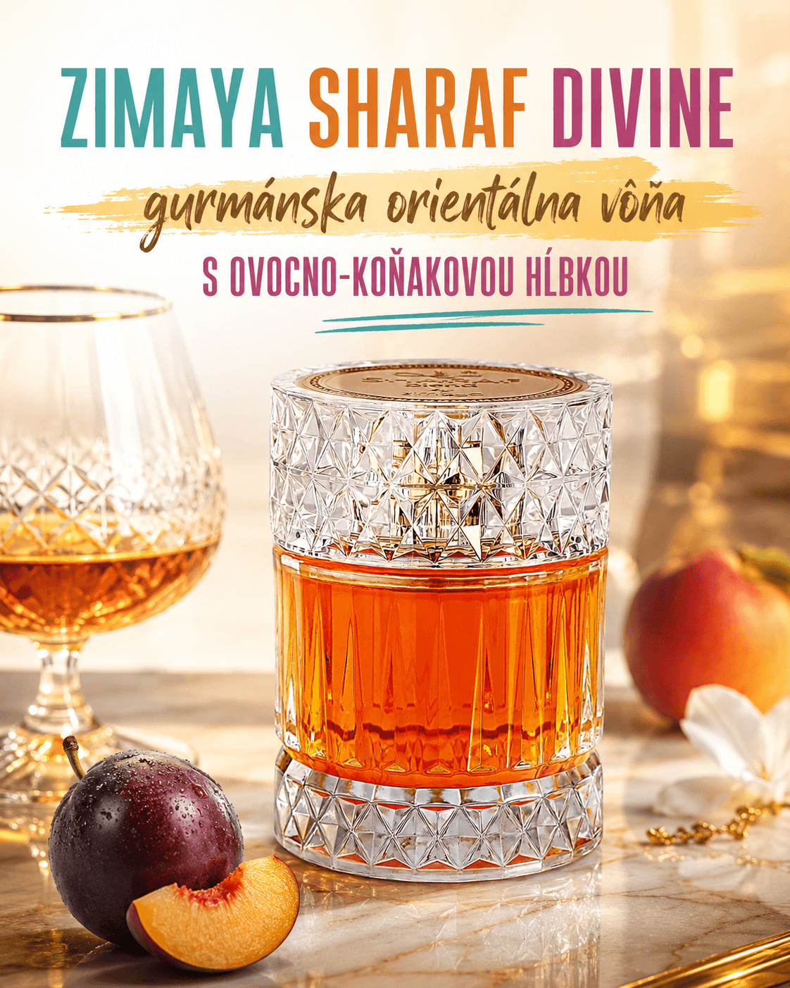 Recenzia Zimaya Sharaf Divine Extrait de Parfum: gurmánska orientálna vôňa s ovocno-koňakovou hĺbkou