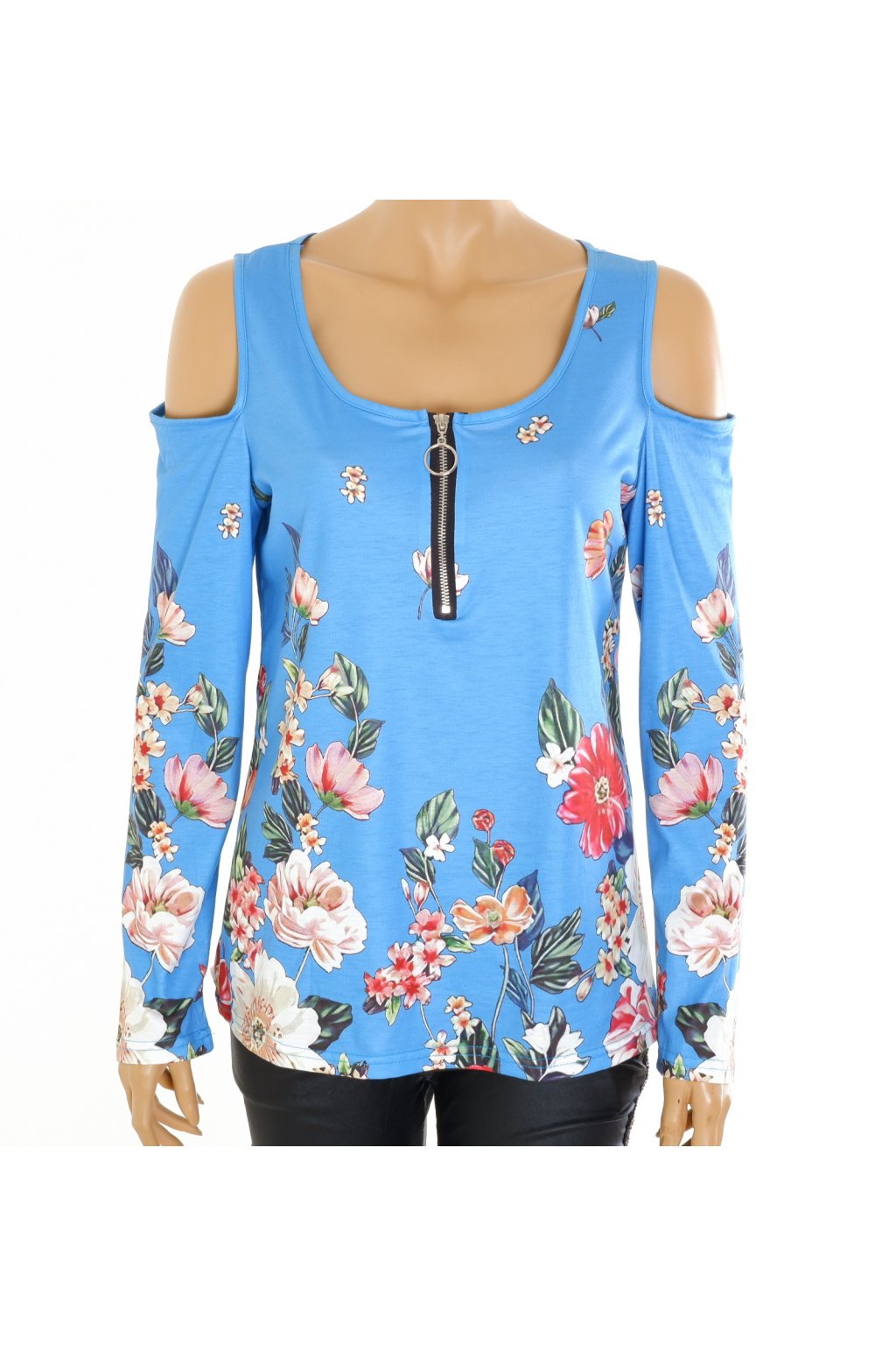 Tričko modré s barevnými květy se zipem volná ramena vel. S - M - Second  hand online AXEL