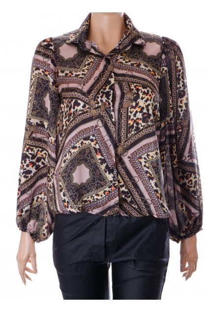 Halenka košile Cameo&Rose  černá s barevnými ornamenty a vzorkem propínací vel XS/S/M vada