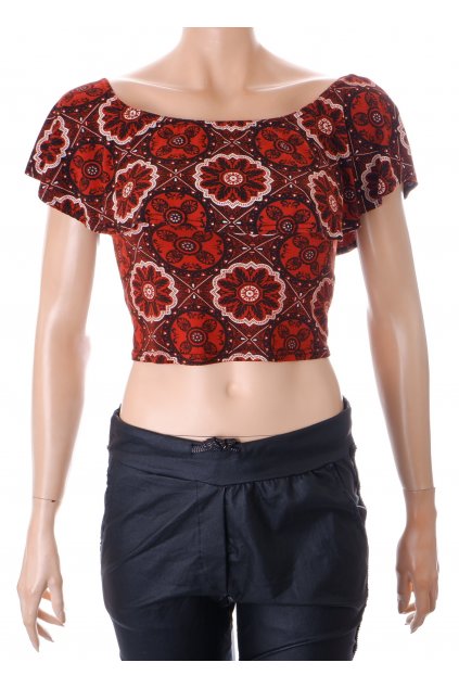 Tričko crop top Miss Selfridge hnědá s černo bílými ornamenty s volánkem vel S