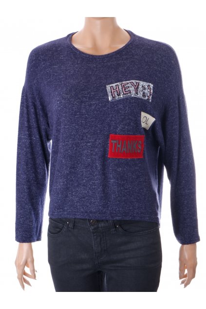 Svetr pulover Zara modro šedá melanž s obrázky s nápisy vel XS/S vel 152