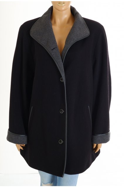 Kabát C/S černý s koženkovým lemováním 70% střižní vlna 10% kašmír vel. 50 / uk 24 / XL - XXL