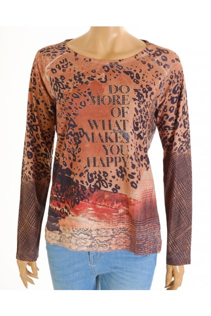 Tričko So Soire hnědé s kamínky a krajkou vel. S