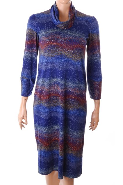 Šaty modré s barevnými puntíky a roláčkem vel. S - M