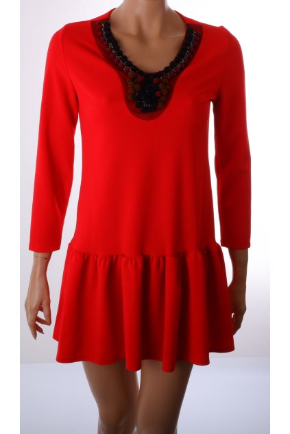 Šaty červené s bambulkami vel. S