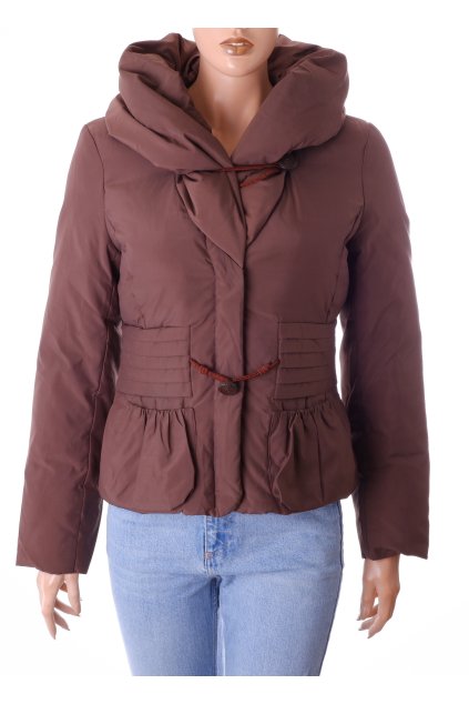 Bunda Monnini hnědá s ozdobným límcem péřová vel. S