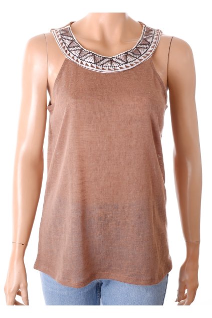 Tričko Janina hnědá halená úpletová s ozdobným vyšíváním kolem krku vel. M / 40