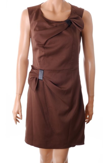 Šaty Fyionas hnědé do studena s koženkovými detaily a mašličkami vel. M / 40