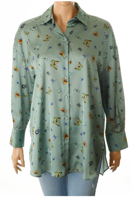 Halenka Zara košile lesklá zelená s obrázky oversize vel. XS - S - M