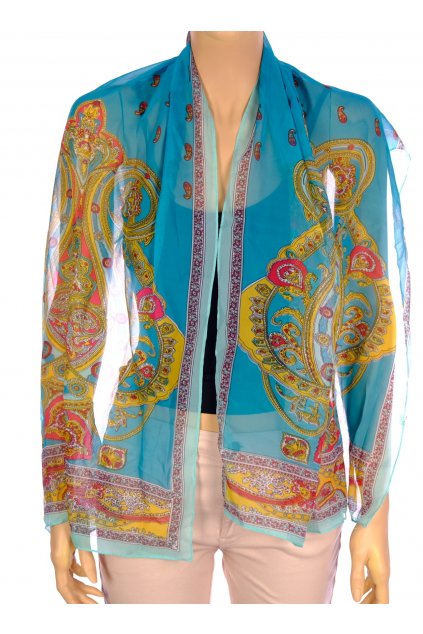 Šátek tyrkysový s kašmírovým vzorem 30 % hedvábí