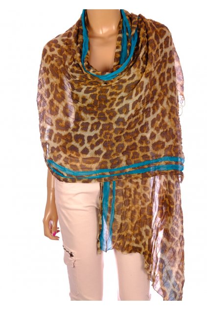 Šátek hnědý leopardí vzor tyrkysový pásek