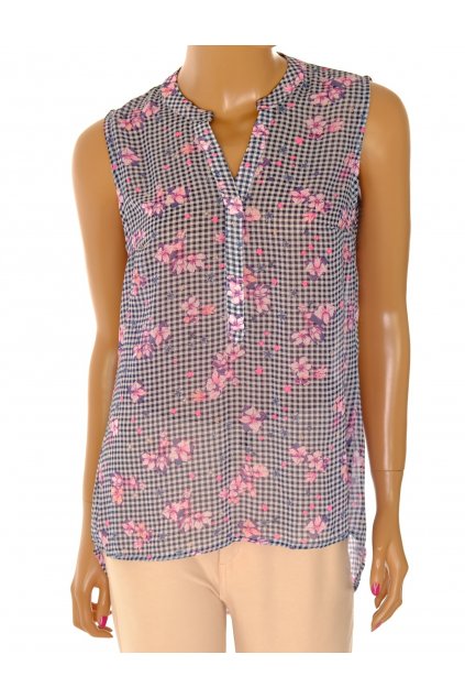 Halenka Colours bílo černá kostička s růžovými kvítky vel S