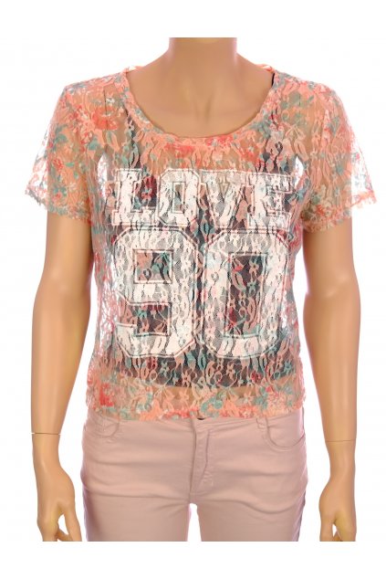 Tričko halenka krajková růžová s modro oranžovým vzorkem s nápisem vel S