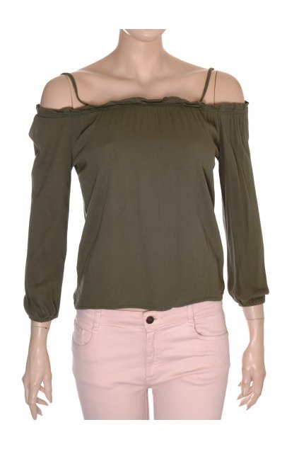 Tričko Forever 21 khaki s výstřihem a volánkem na ramínka vel S/M