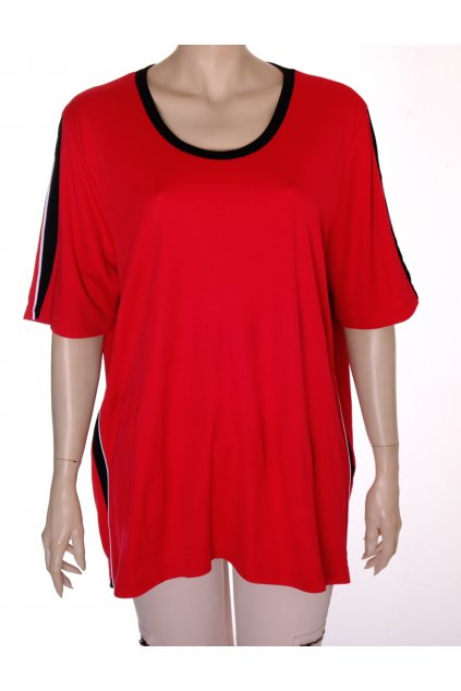 Tričko Ulla Popken červené černé pruhy na rukávech a bocích 25 % vlna vel XL/XXL