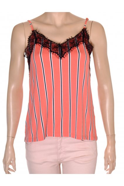 Halenka Amisu růžová s bílo černým proužkem a krajkou na ramínka vel S