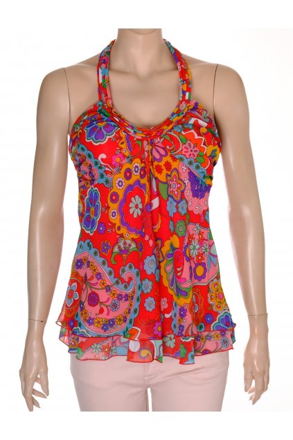 Halenka Spense červená s barevným vzorkem volánky ramínka kolem krku vel M