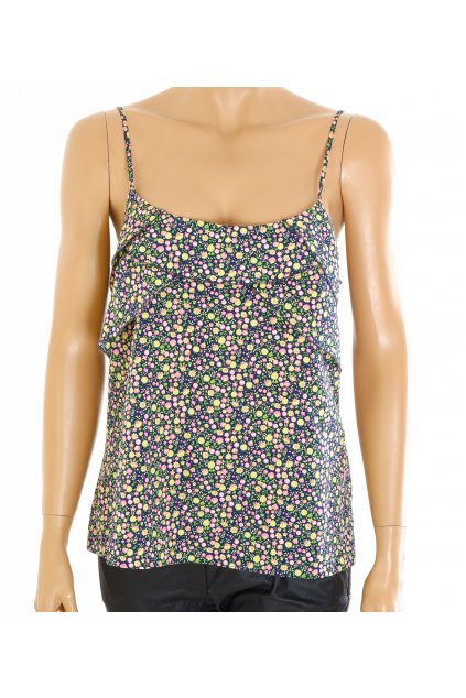 Halenka Oasis modrá na ramínka s drobným barevným vzorkem s volánkem vel S