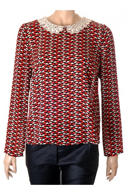 Halenka M&S černá s červeno béžovým vzorkem a krajkovým límečkem vel M