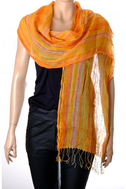 Šátek zimní oranžový se žluto modro růžovými pruhy se střpci
