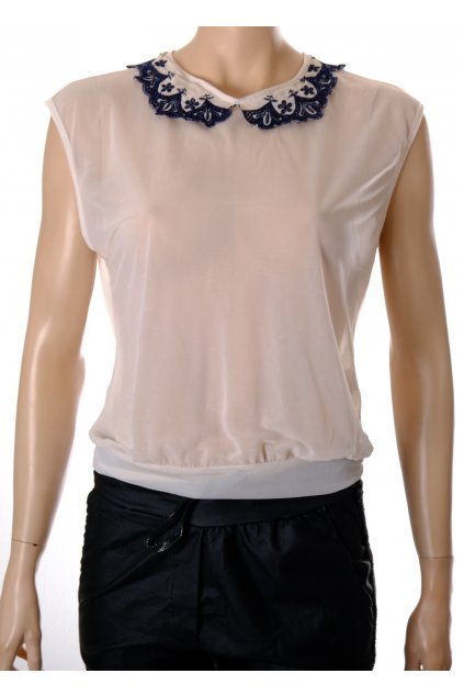 Halenka Atmosphere světle béžová s modrým krajkovým límečkem dole do pásku vel M