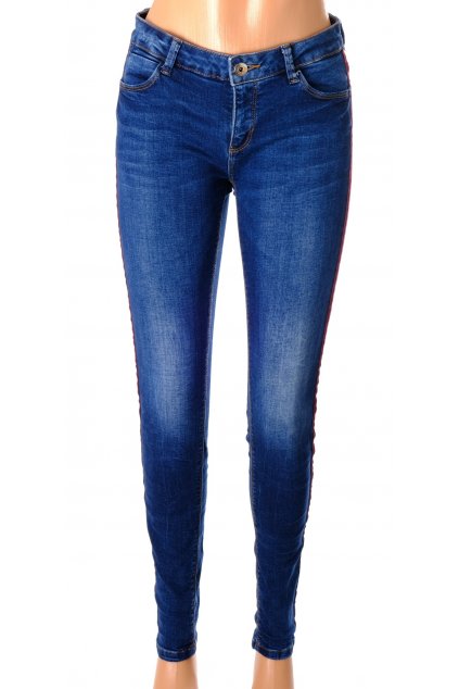 Kalhoty rifle C&A Clockhouse modré v bocích tmavočervené pruhy vel S