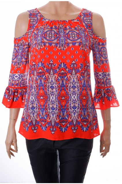 Halenka F&F červená s modro bílými ornamenty holá ramena vel S