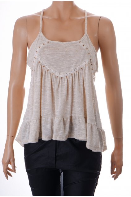 Halenka Next bílo hnědá melanž úplet na ramínka s krajkou a korálky 15 % len vel M