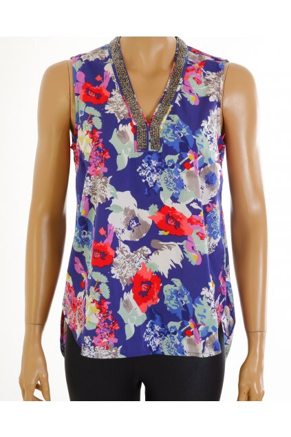 Halenka tunika Vero Moda modrá s barevnými květy výstřih s korálky vel M