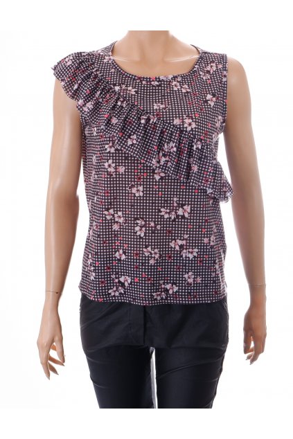 Tričko Colours černo bílé pepito s růžovými kvítky a volánkem vel S/M