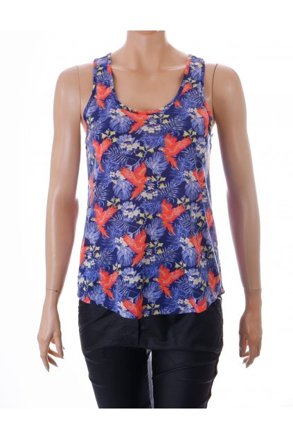 Tričko Atmosphere modré s barevnými kvítky a oranžovými ptáky vel S